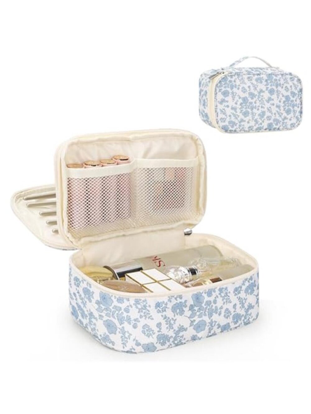 Small Travel Makeup Bag Floral Blue Cosmetic Pouch Brush Holder Organizer Women